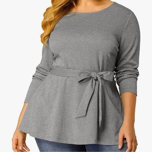 Agnes Orinda Women's Plus Size Peplum Belted Tie Houndstooth Long Sleeve Tunic